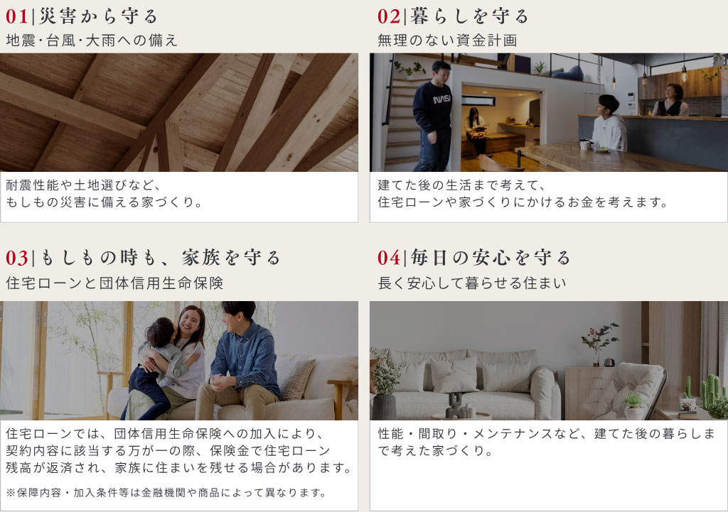 01|災害から守る、02|暮らしを守る、03|もしもの時も、家族を守る、04|毎日の安心を守る